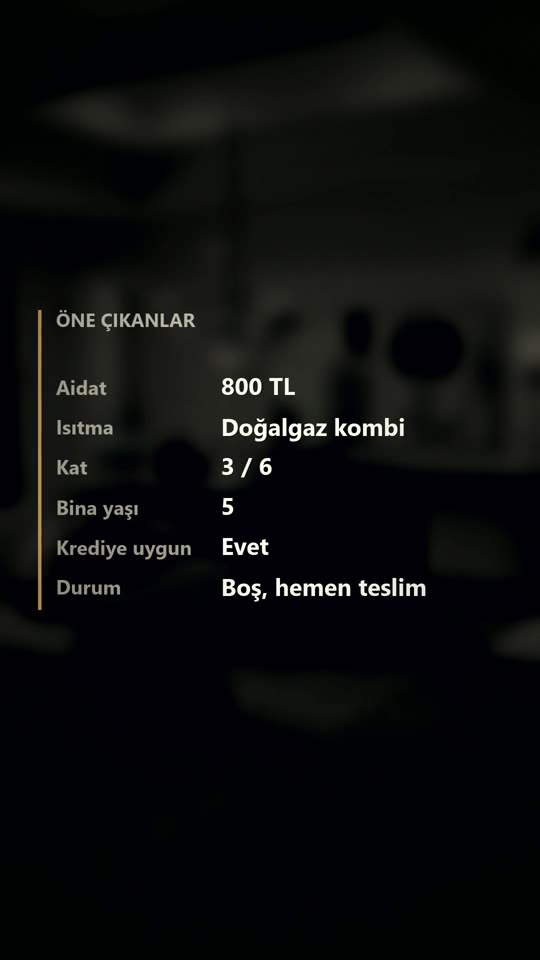 Videonun içindeki bilgi kartı: aidat, kat, ısıtma